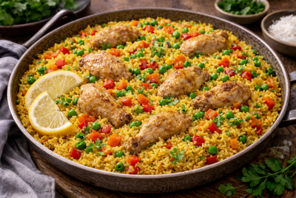 arroz con pollo in skillet