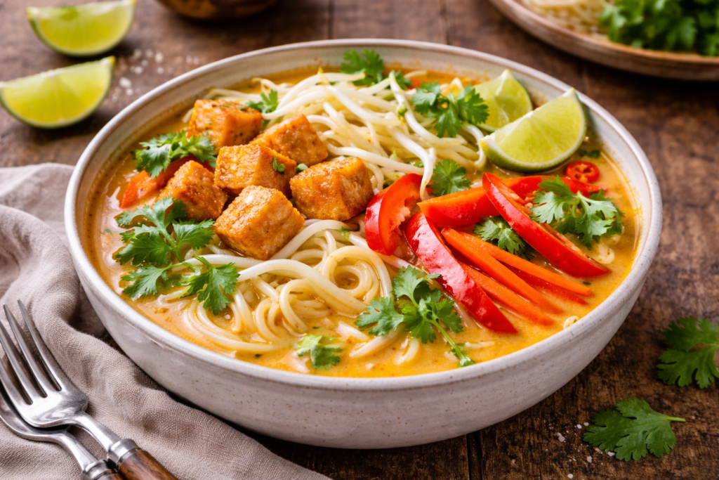 bowl of vibrant vegetable laksa
Vegetable Laksa (Malaysian Coconut Noodle Soup)