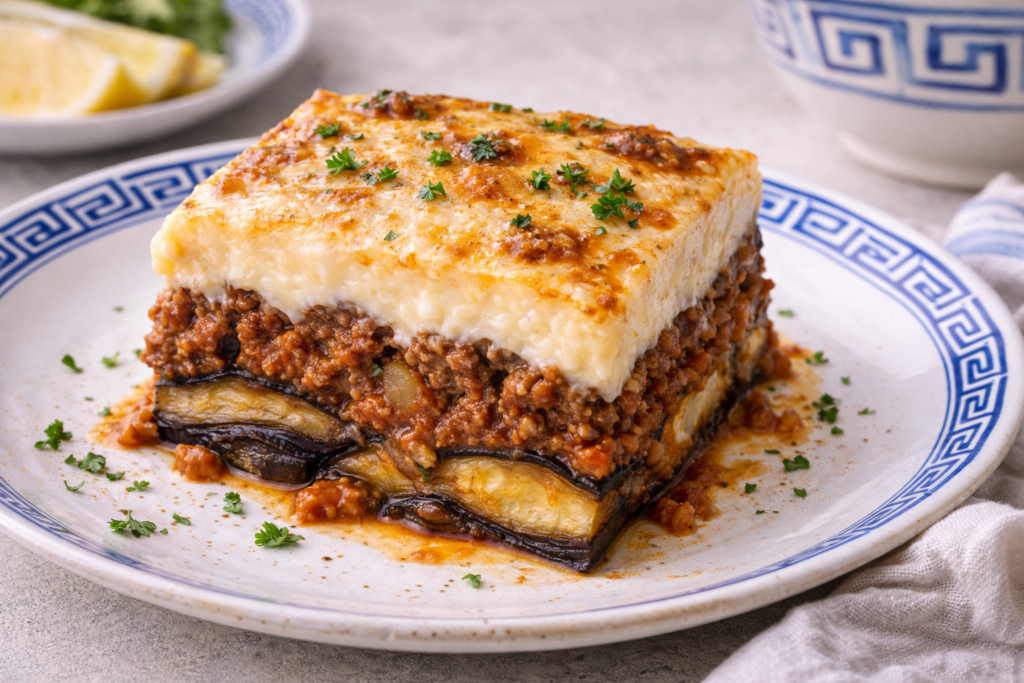 close up of homemade greek moussaka