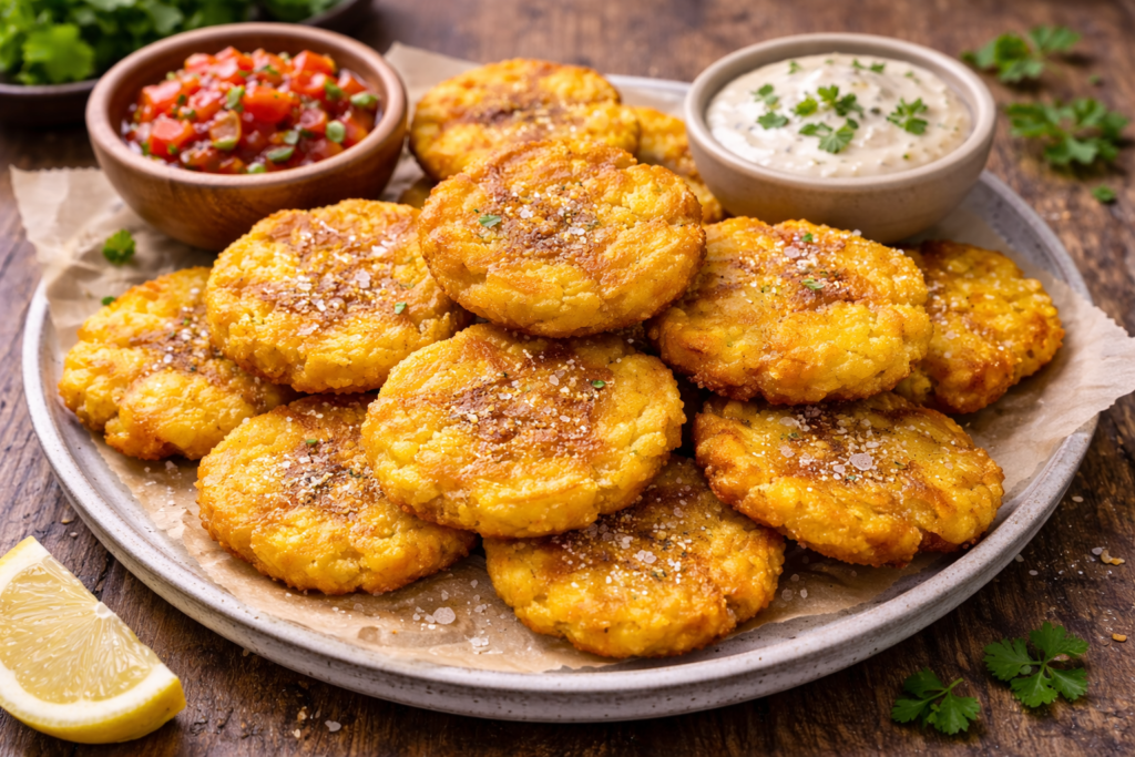 Patacones (Panamanian Fried Green Plantains) crispy patacones with salsa and garlic sauce
