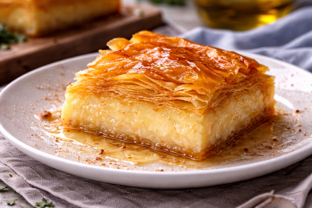 Galaktoboureko (Greek Custard Pie with Syrup) fresh galaktoboureko slice on plate