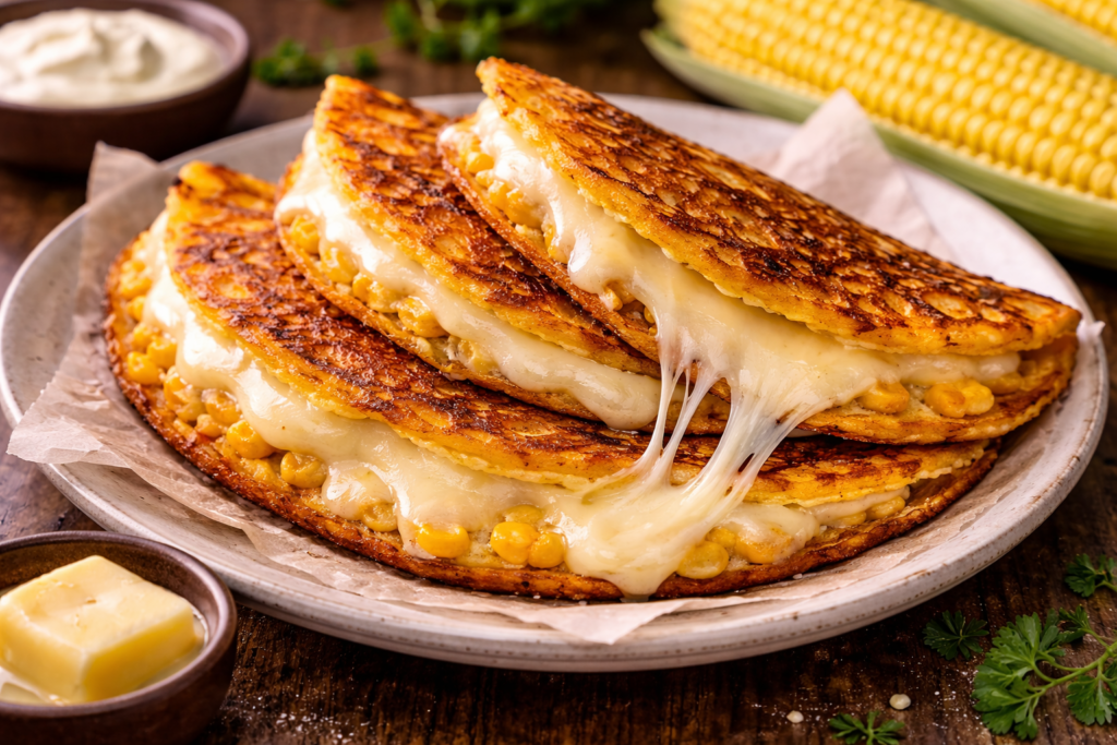 golden cachapas with melted cheese