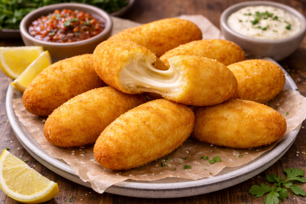 Carimañolas de Queso (Panamanian Yuca Cheese Fritters) golden carimañolas with melting cheese