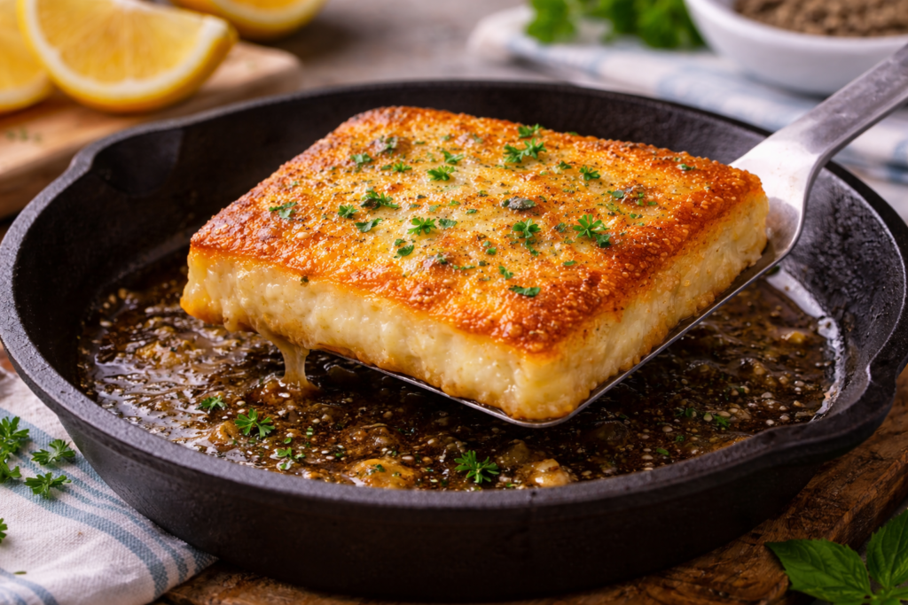 golden saganaki sizzling in skillet