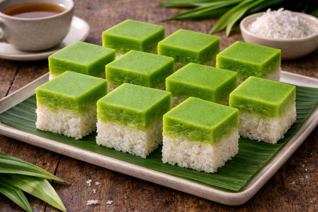 kuih seri muka with tea and coconut