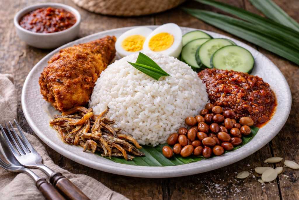 Nasi Lemak (Malaysian Coconut Rice with Sambal and Chicken)
