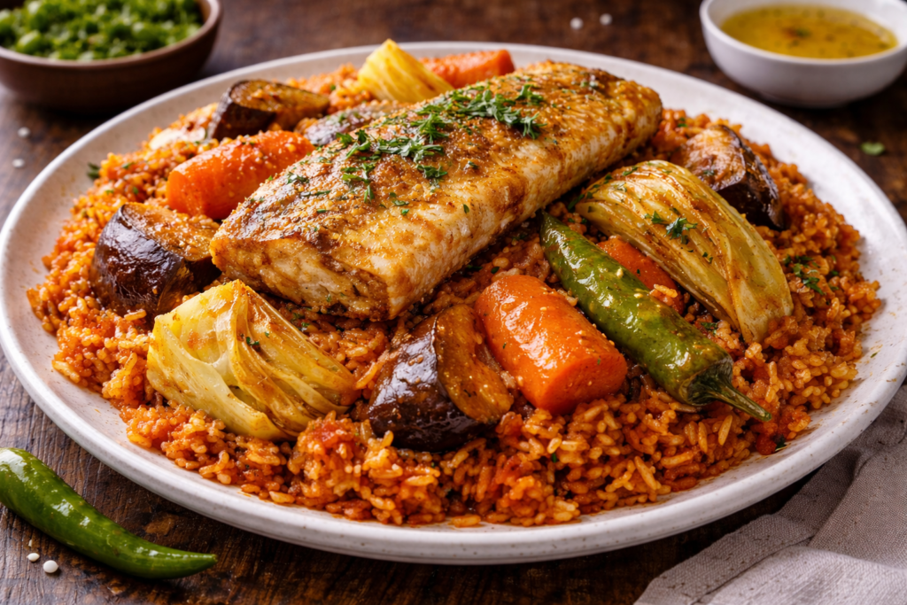 thieboudienne with fried fish and vegetables